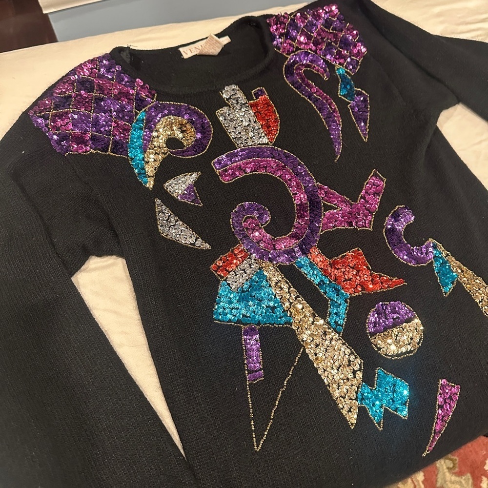 Colorful Vintage Silk blend Geometric Holiday Sequin Sweater - Picture 2 of 12